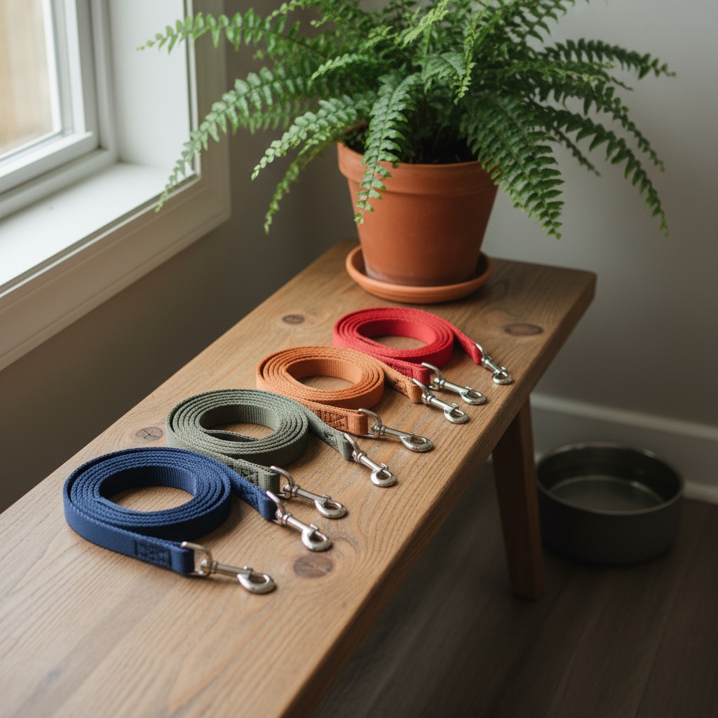 A wooden bench with dog leashes and a potted fern on a table by a window.
