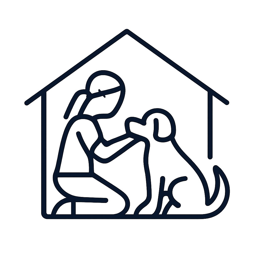 An illustration of a house with a person and a dog inside.